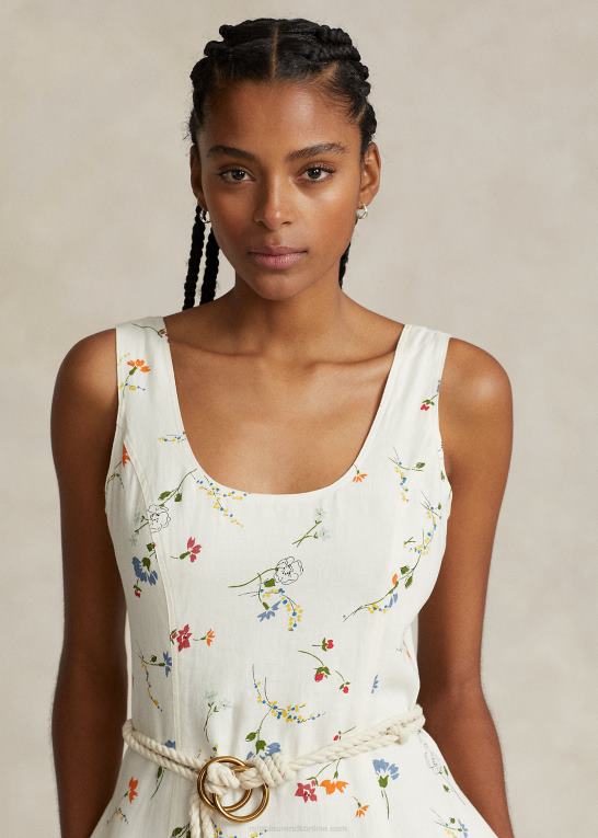 farveskitse blomstret Kvinder Ralph Lauren ærmeløs kjole i hør Z426B3372