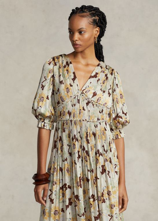 forårssmørblomst blomstret Kvinder Ralph Lauren blomstret plisseret satin kjole Z426B3224