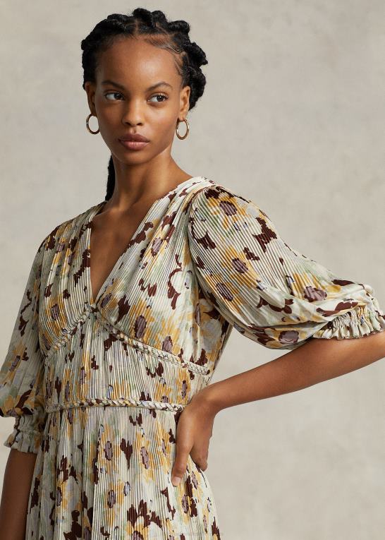 forårssmørblomst blomstret Kvinder Ralph Lauren blomstret plisseret satin kjole Z426B3224