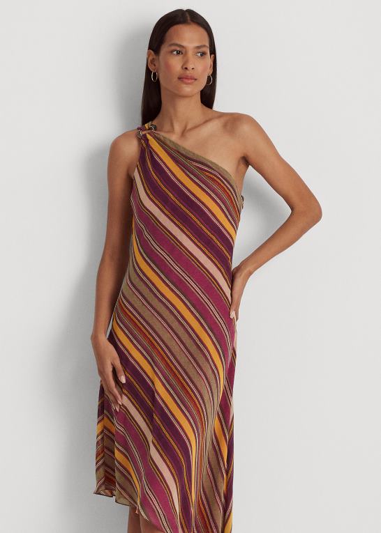 fuchsia/creme/multi Kvinder Ralph Lauren stribet georgette en-skulder kjole Z426B3801