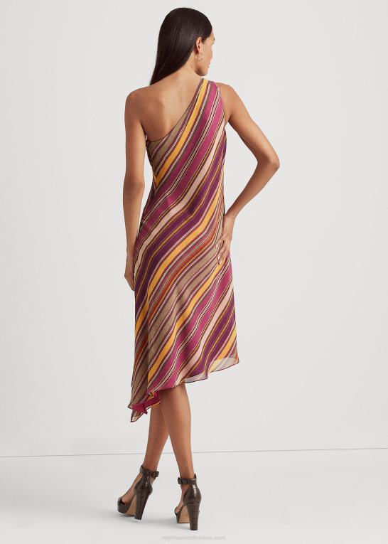 fuchsia/creme/multi Kvinder Ralph Lauren stribet georgette en-skulder kjole Z426B3801