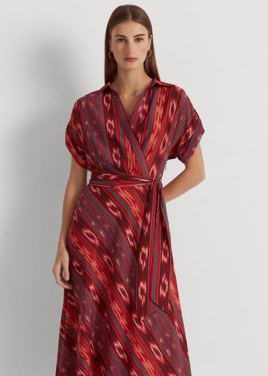 fuchsia/orange/multi Kvinder Ralph Lauren geo-stribet crepe kjole med bælte Z426B4302