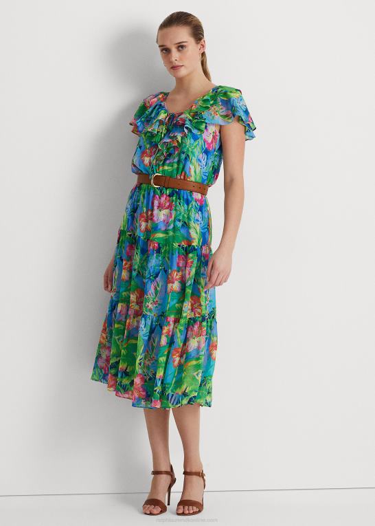 grøn/blå multi Kvinder Ralph Lauren blomstret crinkle georgette lagdelt kjole Z426B3928