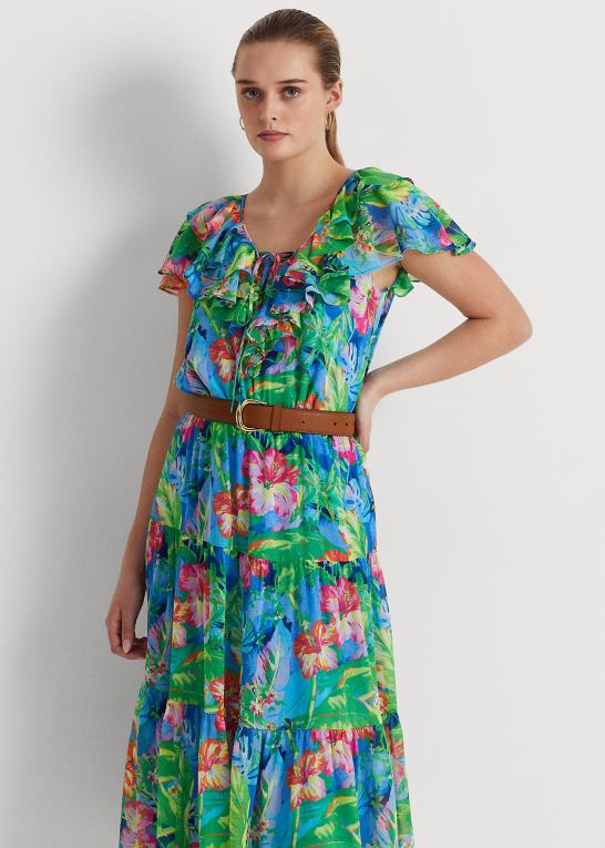 grøn/blå multi Kvinder Ralph Lauren blomstret crinkle georgette lagdelt kjole Z426B4339