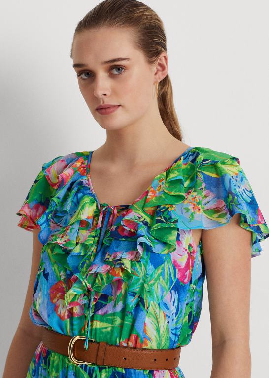 grøn/blå multi Kvinder Ralph Lauren blomstret crinkle georgette lagdelt kjole Z426B4339