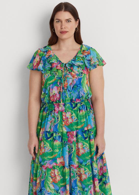 grøn/blå multi Kvinder Ralph Lauren blomstret crinkle georgette lagdelt kjole Z426B9482