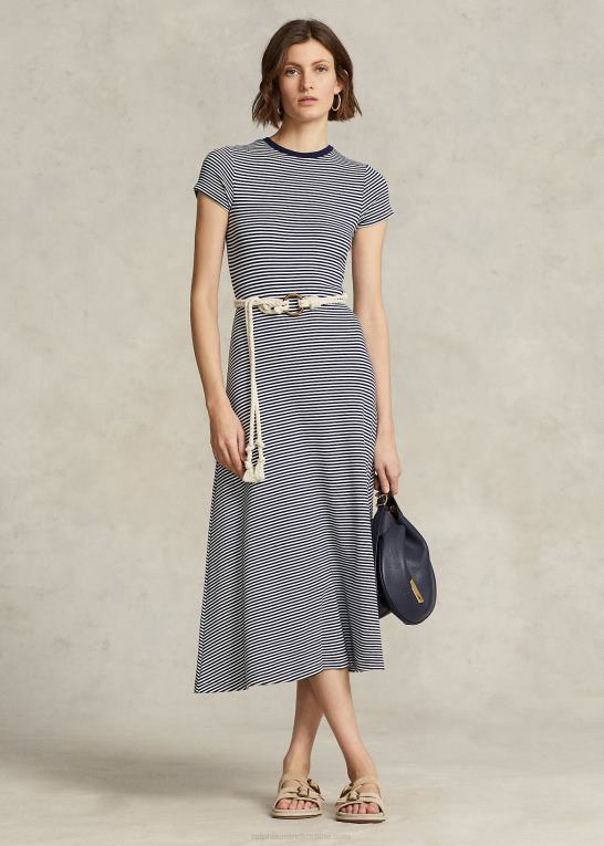 hvid/newport navy stribe Kvinder Ralph Lauren stribet ribstribet kjole i bomuldsblanding Z426B3066