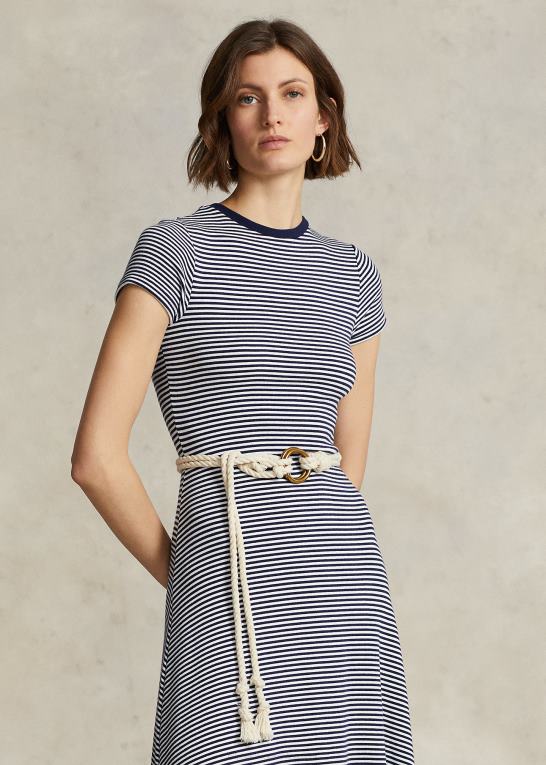hvid/newport navy stribe Kvinder Ralph Lauren stribet ribstribet kjole i bomuldsblanding Z426B3066
