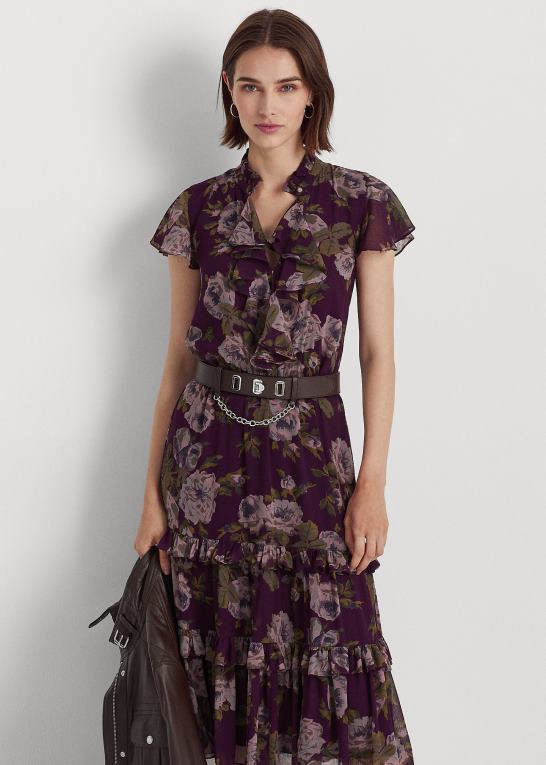 lilla multi Kvinder Ralph Lauren blomstret krinkle georgette kjole med bælte Z426B9588