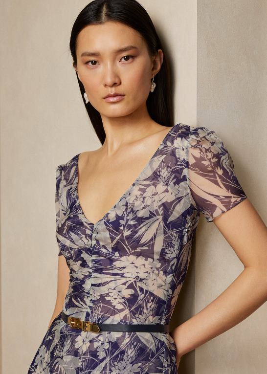 lux marine/hvid Kvinder Ralph Lauren blanchet blomstret chiffon dagskjole Z426B3514