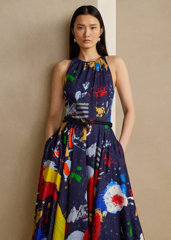 lux marineblå multi Kvinder Ralph Lauren dagskjole i satin i bomuld med renshaw print Z426B3511