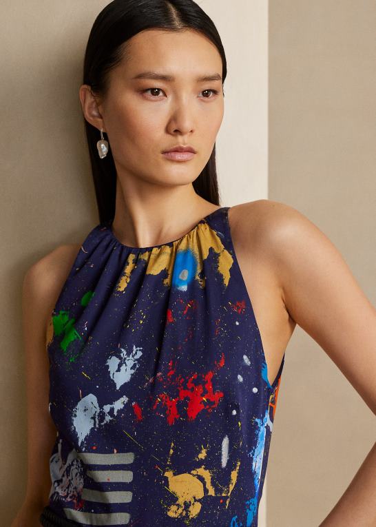 lux marineblå multi Kvinder Ralph Lauren dagskjole i satin i bomuld med renshaw print Z426B3511