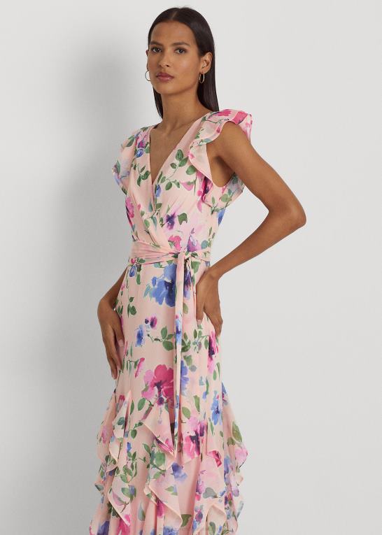 lyserød multi Kvinder Ralph Lauren blomstret georgette-kjole med flæsekant Z426B4406