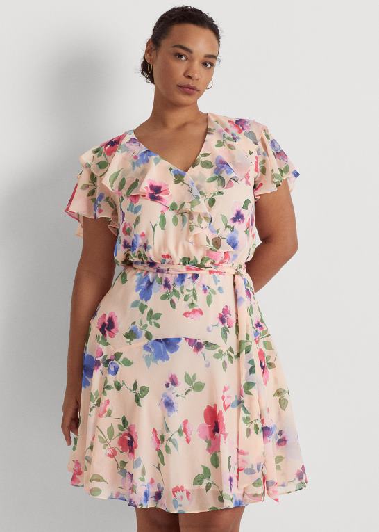 lyserød multi Kvinder Ralph Lauren blomstret krinkle georgette kjole med bælte Z426B4694