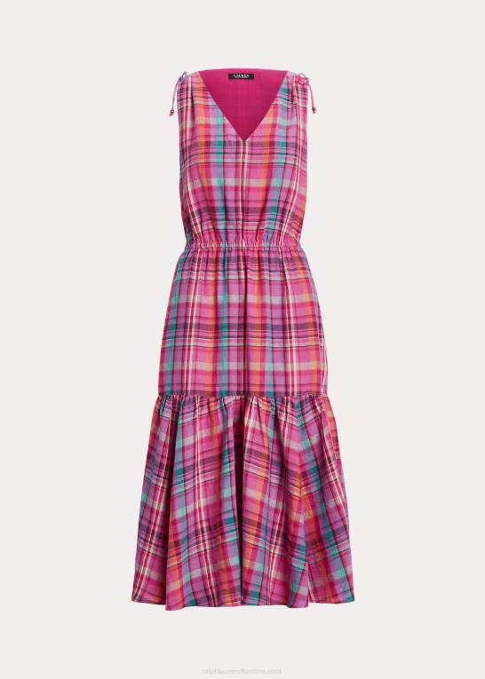 lyserød multi Kvinder Ralph Lauren ærmeløs kjole i plaid hør Z426B3932