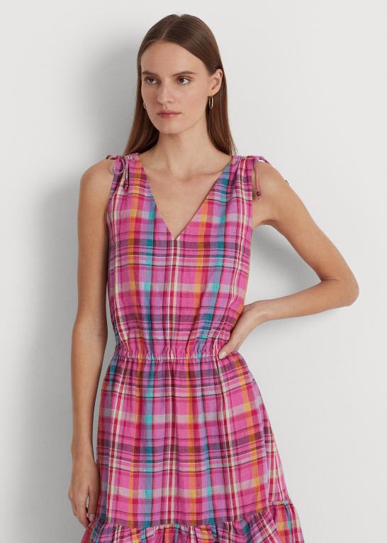 lyserød multi Kvinder Ralph Lauren ærmeløs kjole i plaid hør Z426B3932