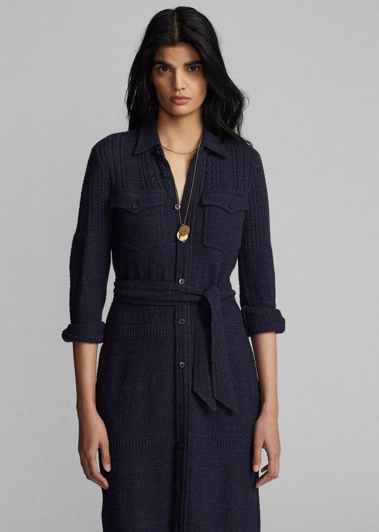 marine lyng Kvinder Ralph Lauren uld-bomuld bælte sweater kjole Z426B3676