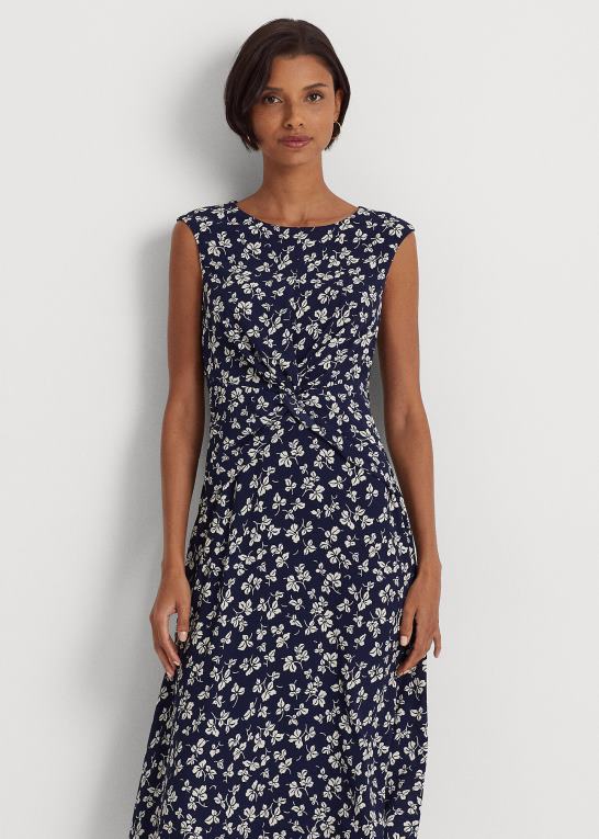 marineblå/creme Kvinder Ralph Lauren crepe-kjole med bladtryk foran Z426B4444