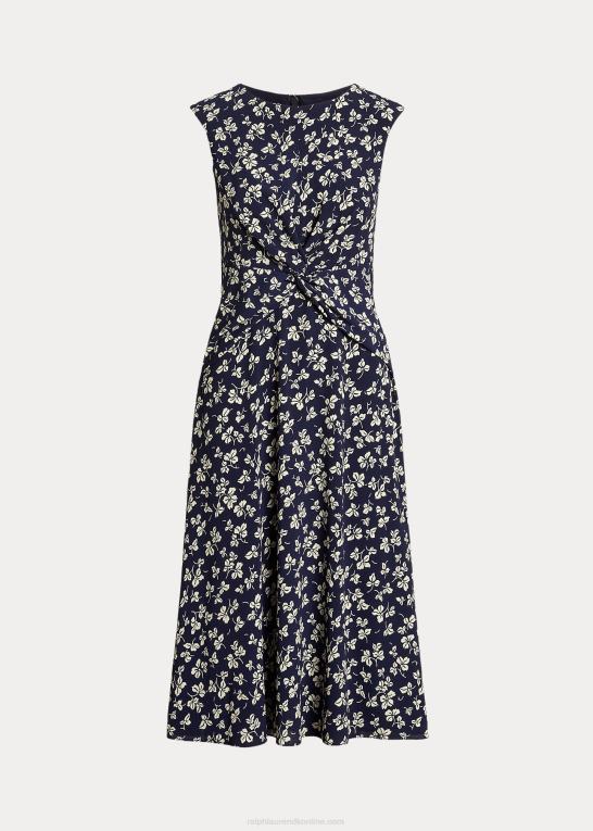 marineblå/creme Kvinder Ralph Lauren crepe-kjole med bladtryk foran Z426B4444