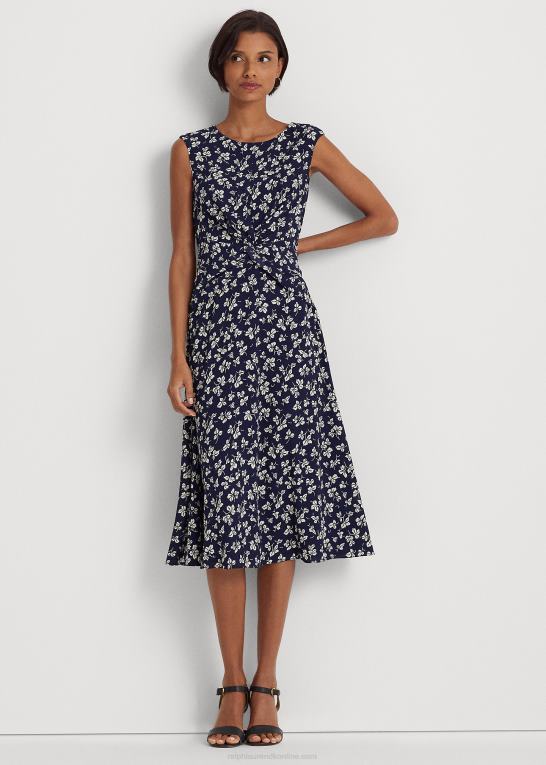 marineblå/creme Kvinder Ralph Lauren crepe-kjole med bladtryk foran Z426B4444
