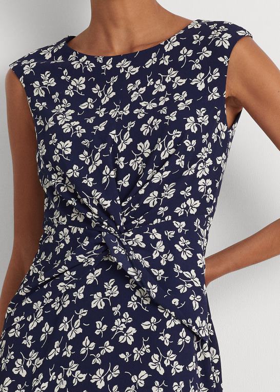 marineblå/creme Kvinder Ralph Lauren crepe-kjole med bladtryk foran Z426B4444