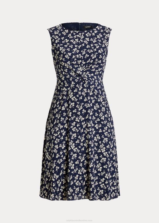marineblå/creme Kvinder Ralph Lauren crepe-kjole med bladtryk foran Z426B4649