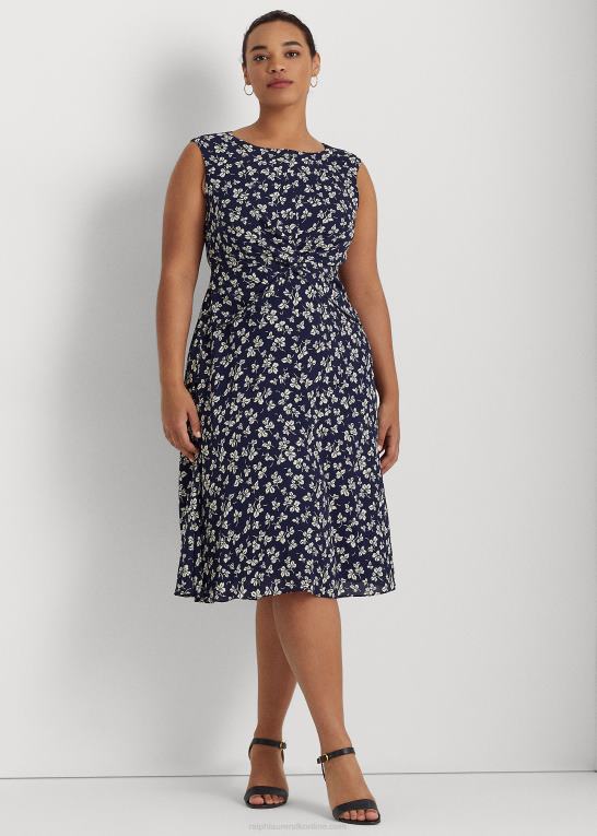 marineblå/creme Kvinder Ralph Lauren crepe-kjole med bladtryk foran Z426B4649