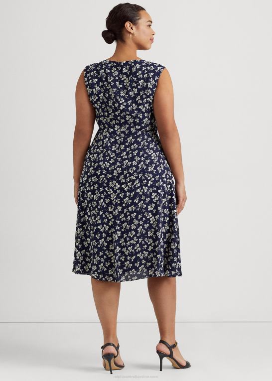 marineblå/creme Kvinder Ralph Lauren crepe-kjole med bladtryk foran Z426B4649