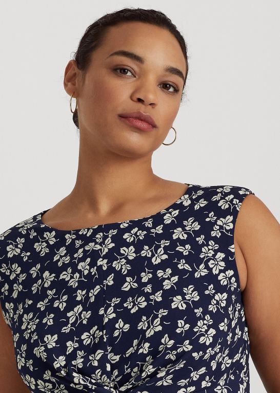 marineblå/creme Kvinder Ralph Lauren crepe-kjole med bladtryk foran Z426B4649