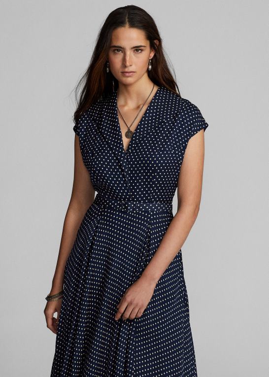 marineblå/creme Kvinder Ralph Lauren georgette-kjole i polkaprikket silke Z426B3667