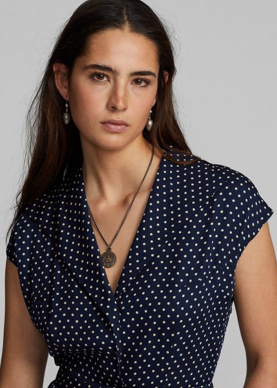 marineblå/creme Kvinder Ralph Lauren georgette-kjole i polkaprikket silke Z426B3667