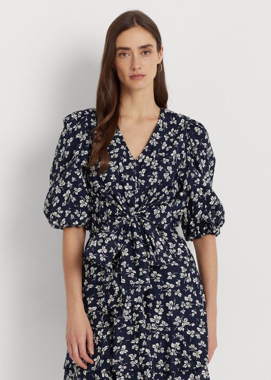 marineblå/creme Kvinder Ralph Lauren pufærmet kjole i bomuld med bindebånd foran Z426B4044