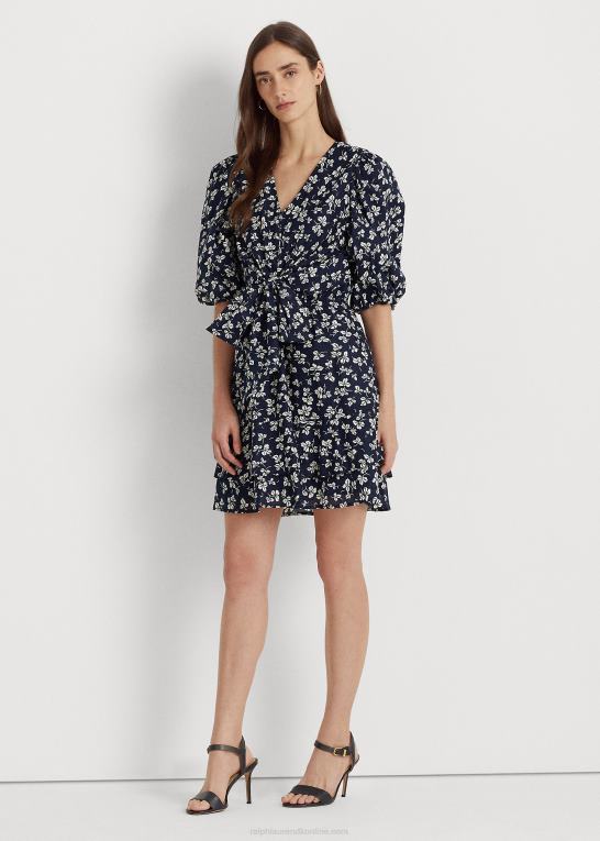 marineblå/creme Kvinder Ralph Lauren pufærmet kjole i bomuld med bindebånd foran Z426B4044