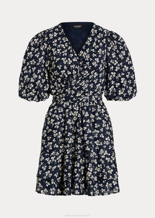 marineblå/creme Kvinder Ralph Lauren pufærmet kjole i bomuld med bindebånd foran Z426B4371