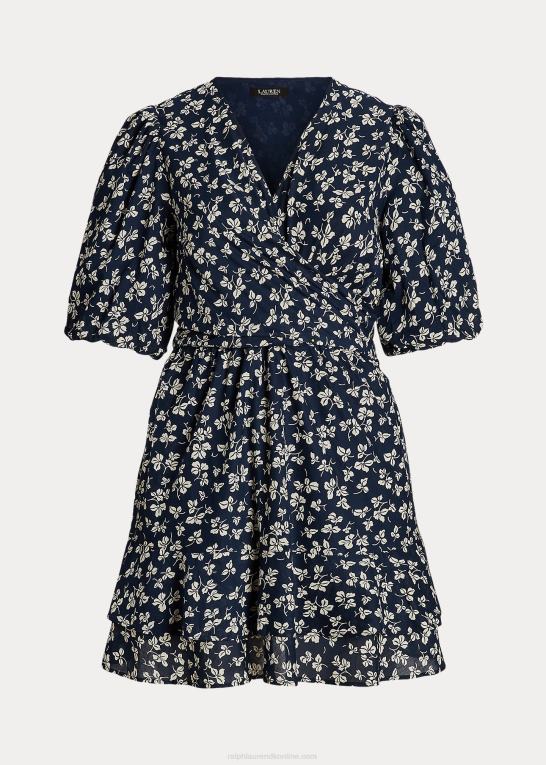 marineblå/creme Kvinder Ralph Lauren pufærmet kjole i bomuld med bindebånd foran Z426B4701