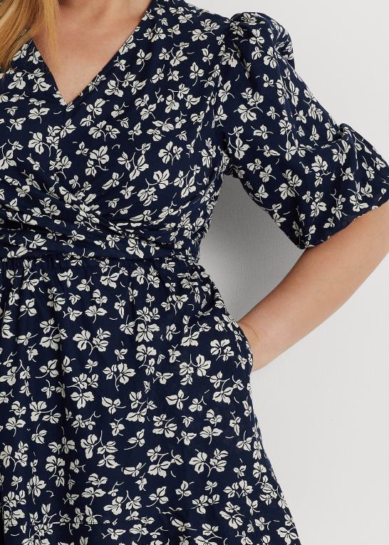 marineblå/creme Kvinder Ralph Lauren pufærmet kjole i bomuld med bindebånd foran Z426B4701