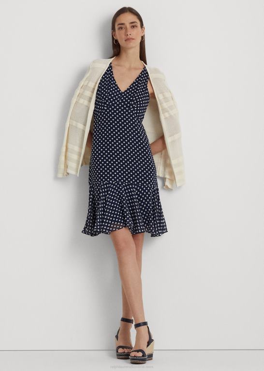 marineblå/creme Kvinder Ralph Lauren ærmeløs kjole i chiffon med polkaprikker Z426B9419