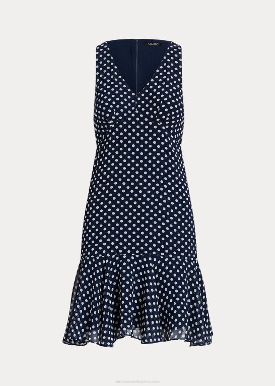 marineblå/creme Kvinder Ralph Lauren ærmeløs kjole i chiffon med polkaprikker Z426B9419