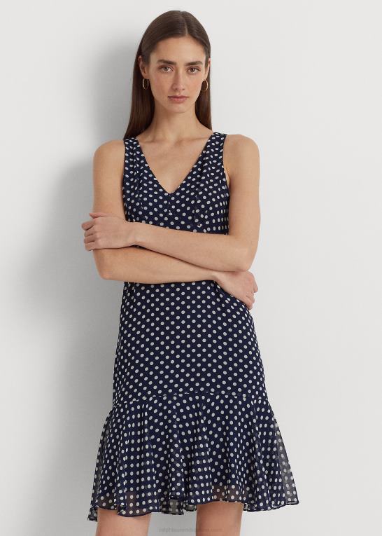 marineblå/creme Kvinder Ralph Lauren ærmeløs kjole i chiffon med polkaprikker Z426B9419