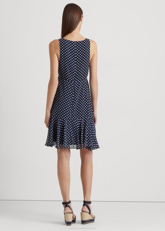 marineblå/creme Kvinder Ralph Lauren ærmeløs kjole i chiffon med polkaprikker Z426B9419