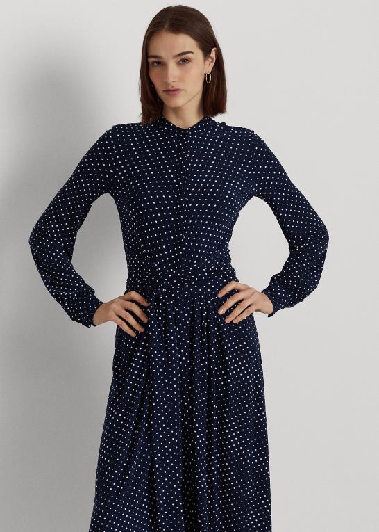 marineblå/creme Kvinder Ralph Lauren skjortekjole i polkaprikket stretch-jersey Z426B4446