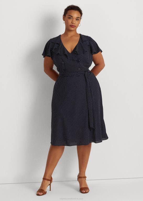 marineblå/hvid Kvinder Ralph Lauren georgette-kjole med bælte med prikker Z426B4792