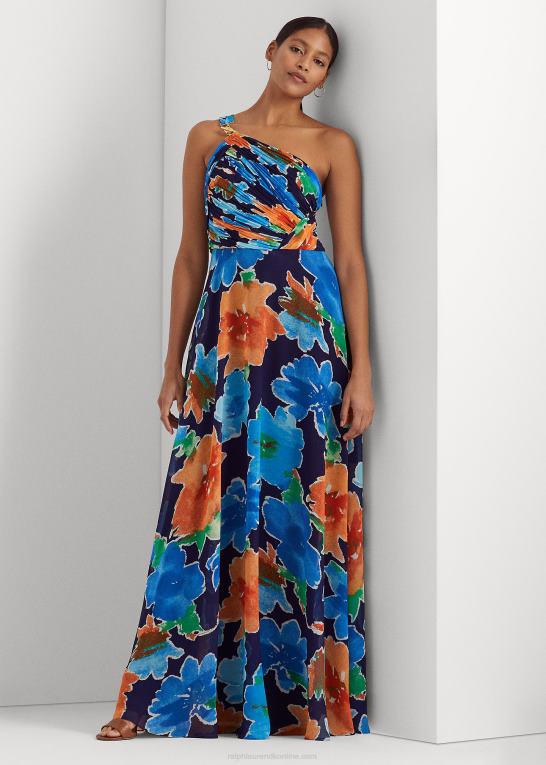 marineblå multi Kvinder Ralph Lauren blomstret georgette en-skulder kjole Z426B9557