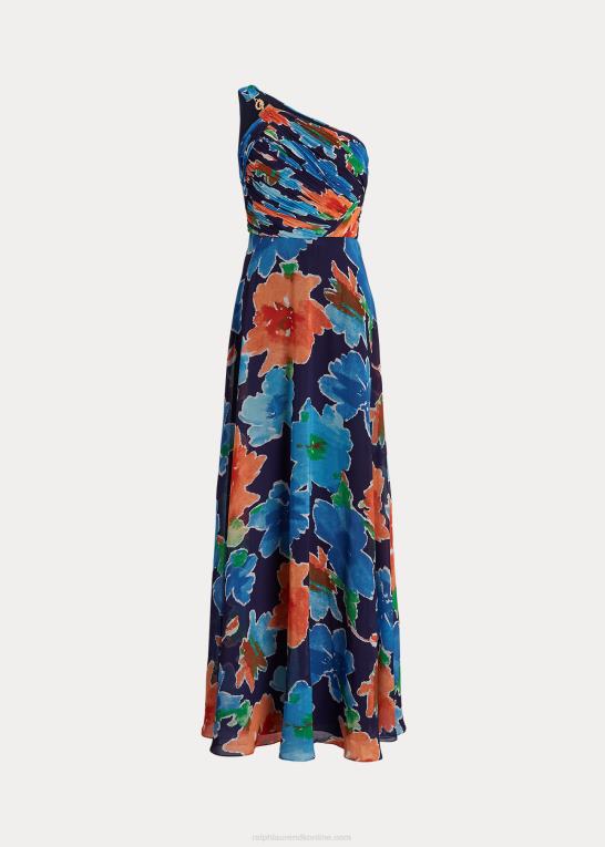 marineblå multi Kvinder Ralph Lauren blomstret georgette en-skulder kjole Z426B9557