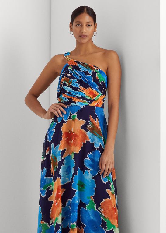 marineblå multi Kvinder Ralph Lauren blomstret georgette en-skulder kjole Z426B9557