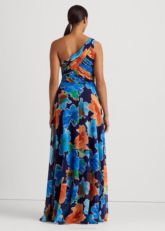 marineblå multi Kvinder Ralph Lauren blomstret georgette en-skulder kjole Z426B9557