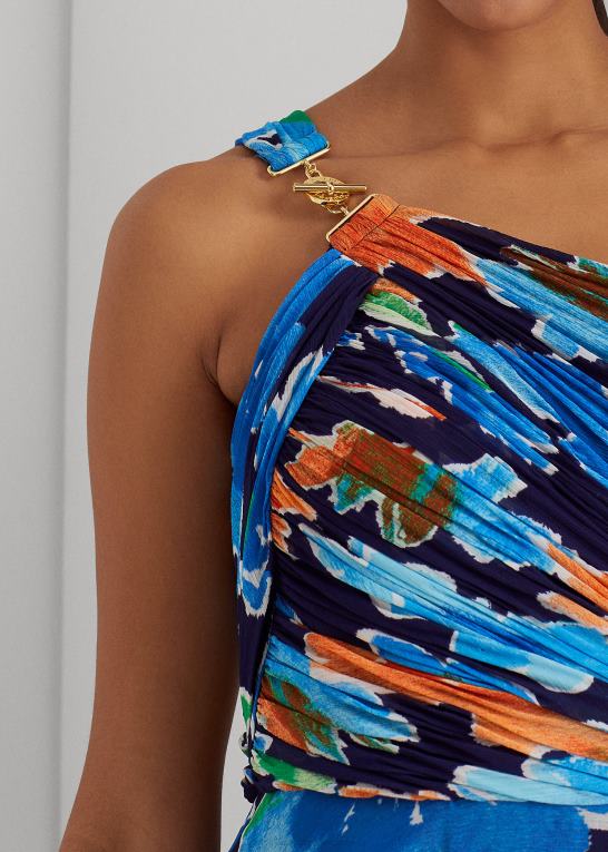 marineblå multi Kvinder Ralph Lauren blomstret georgette en-skulder kjole Z426B9557