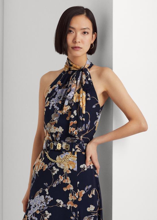 marineblå multi Kvinder Ralph Lauren blomstret georgette grimekjole med bælte Z426B4079