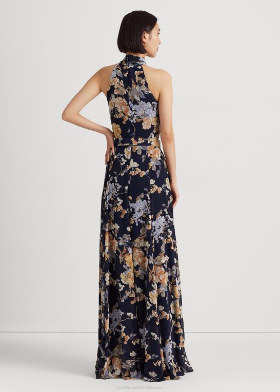 marineblå multi Kvinder Ralph Lauren blomstret georgette grimekjole med bælte Z426B4079