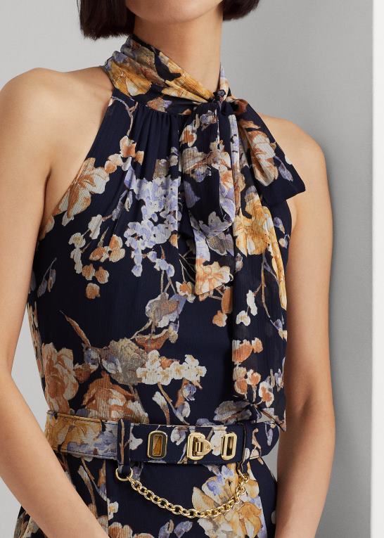 marineblå multi Kvinder Ralph Lauren blomstret georgette grimekjole med bælte Z426B4079